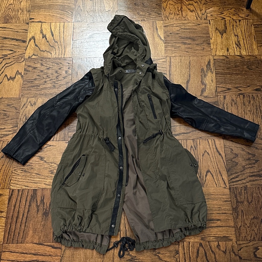 BlankNYC faux leather army style hooded rain jacket